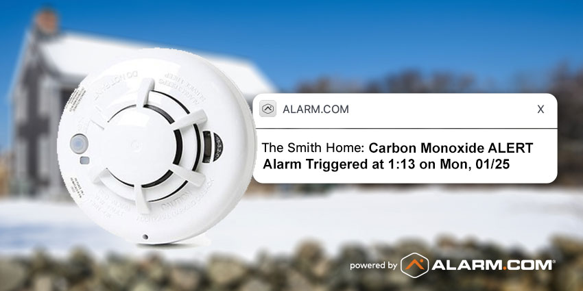 Carbon Monoxide alert from Alarm.com with close up of carbon monoxide detector