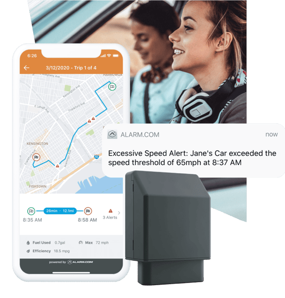 alarm.com car connector promo with app screenshot and people in car driving